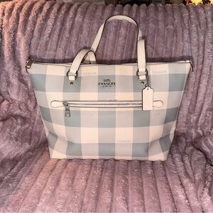 Coach White and Gray Plaid Tote Bag